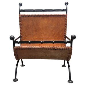 Vintage Country Southwestern Wrought Iron Brown Leather Magazine Rack Log Holder